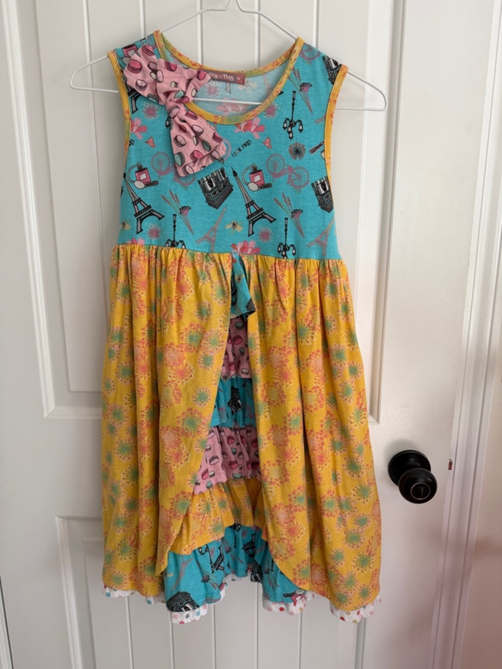 Jelly the Pug Boutique Girls Yellow and Teal Paris-Print Tiered Dress Size 14